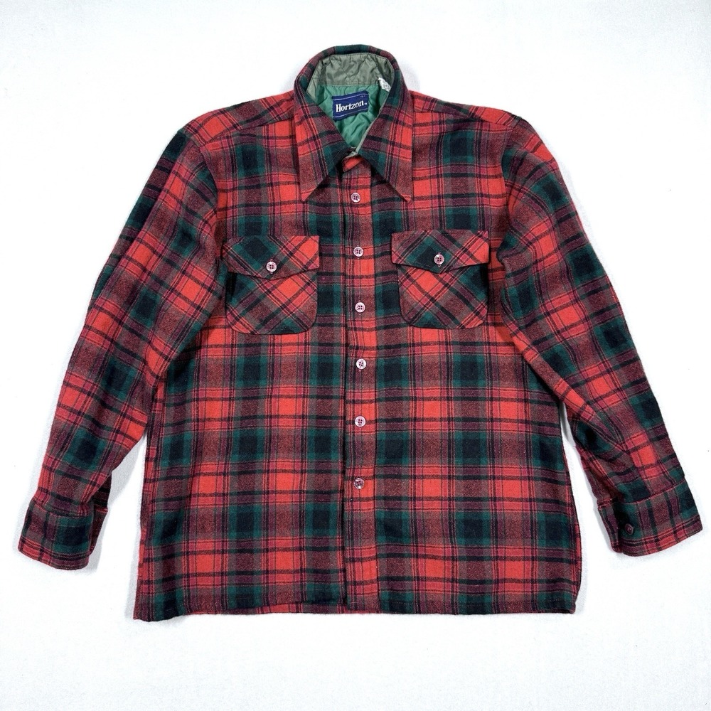 Vintage 70s Wool Blend Shirt Mens Large Plaid‎ Flannel Button Front Point Collar
